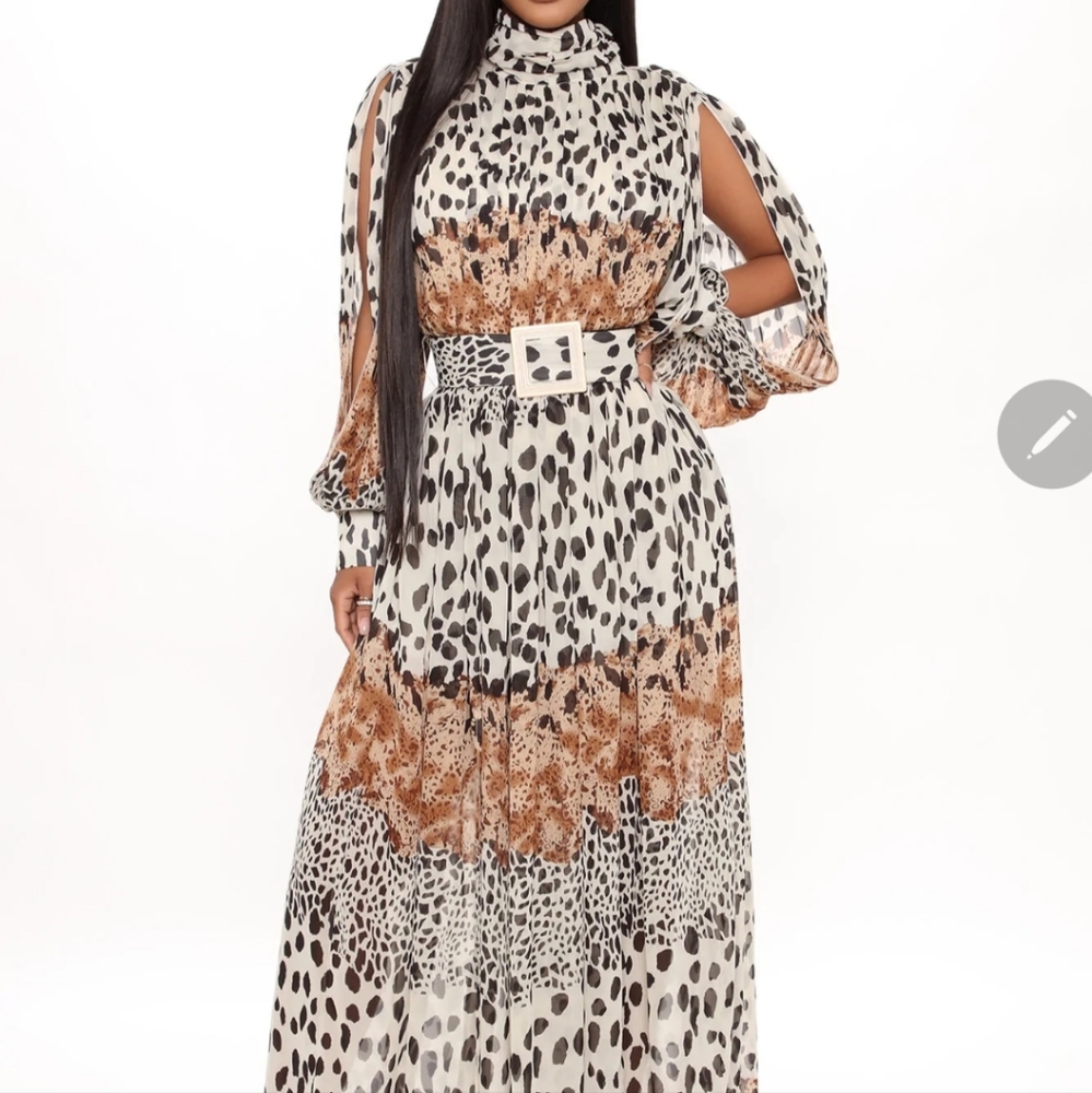 Fashion Nova Mixed Animal Print Long Sleeve Flowy Maxi Dress Size XL